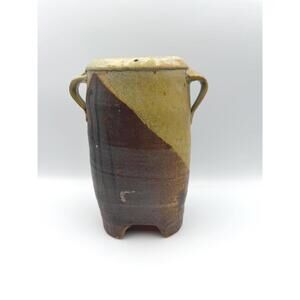 Vintage Japanese Studio Two Toned Green Brown Pottery Clay Vase